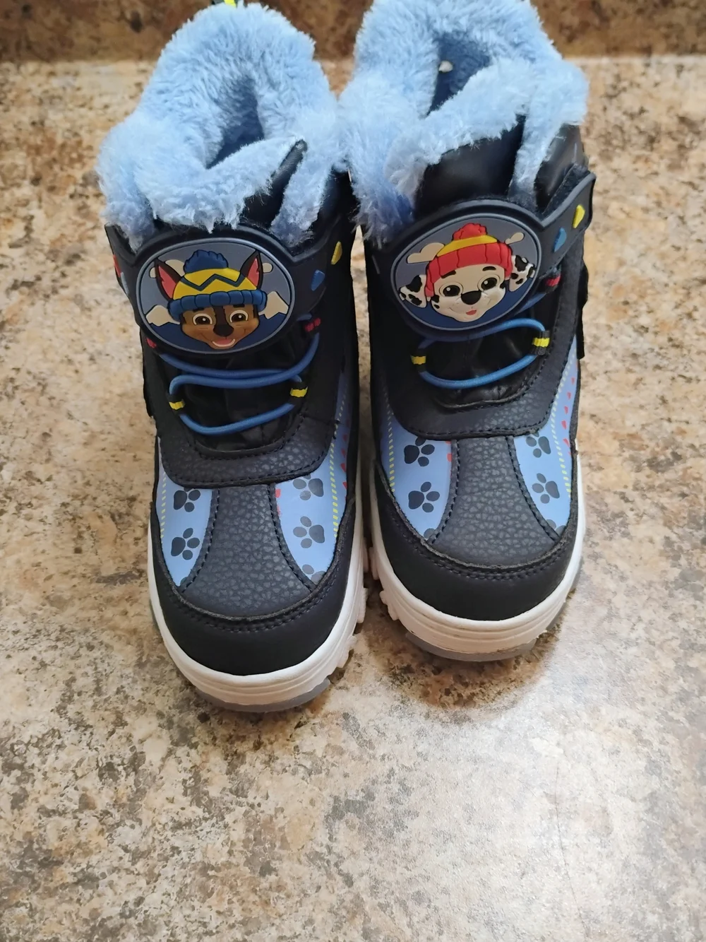 Blue Kids Winter Boots with Paw Print and Character Accents